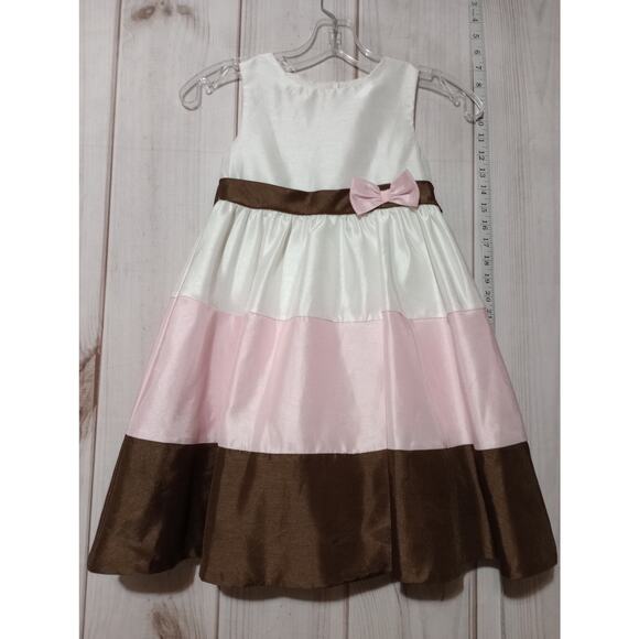 Rare Editions Dress Girls 6 Ivory Pink Brown Satin‎ Bow Formal Sleeveless Party - Picture 1 of 7